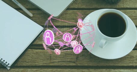 Projecting digital pink-purple 3D network globe above wood table, showing notebook, laptop, coffee