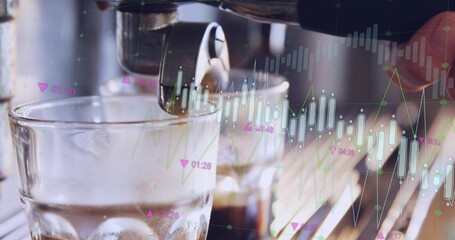 Operating barista hand holding metal portafilter at cafe, with glass of ice and financial graphs