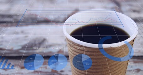 Showing corrugated cup resting on worn wood table with overlaid data charts and grid, copy space