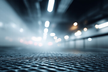 Blurry view of an underground ventilation corridor with a mesh grill in the foreground and lighting in the background