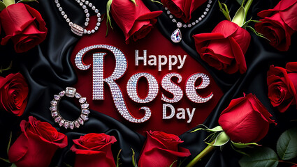 Happy rose day with red roses and jewelry on black satin