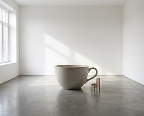 Oversized coffee cup in minimal empty room