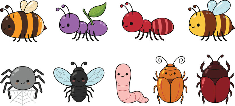 Cute insects and bugs character set including bees ants spiders worms and beetles in flat vector illustration