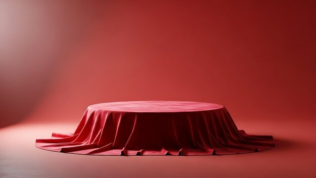 Cylinder podium covered with red cloth on viva magenta background. Premium empty fabric pedestal for product display. 