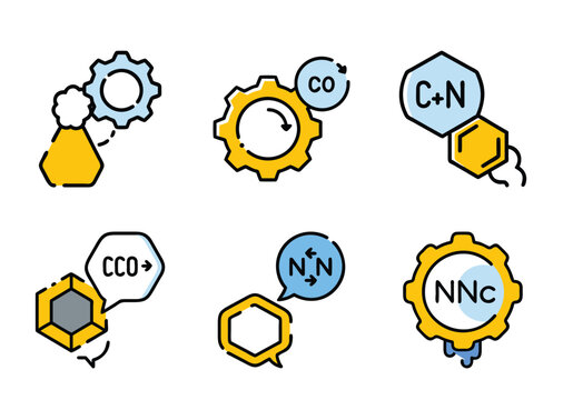 Illustrations of chemical compound processes with gears and structural formulas shown