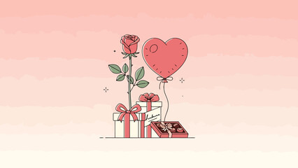 Romantic Celebration Objects Present Full Bloom Rose Heart Shape Balloon Gifts Wrapped Tied With Ribbon Scattered Chocolate Box Open