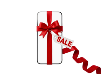 Smartphone gift with sale tag isolated on transparent background