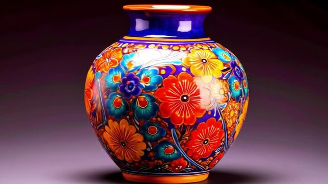 Decorative vase with floral patterns in various colors against a dark background