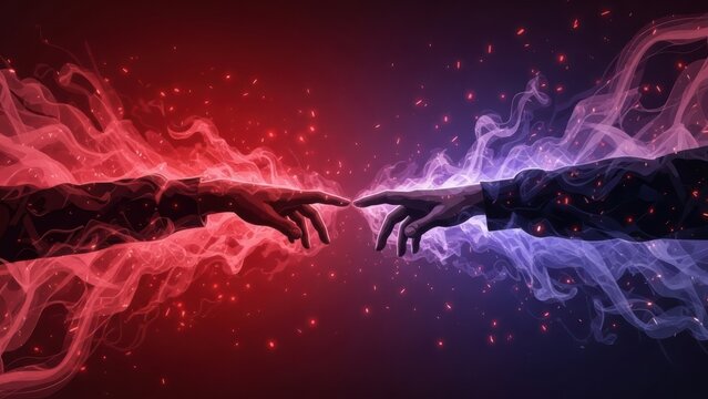 Conceptual Human Hands Touching with Red and Purple Kinetic Energy Smoke; Abstract Creation of Adam Style Digital Connection Spark; Homo sapiens Outreach Interface.