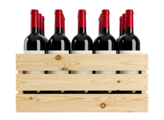 Four wine bottles in wooden crate isolated on transparent background