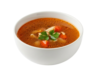Delicious tomato soup with garnish isolated on transparent background