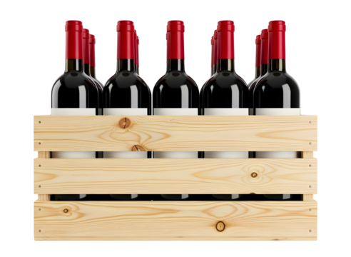 Four wine bottles in wooden crate isolated on transparent background - Powered by Adobe