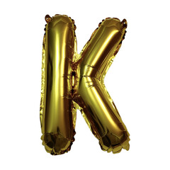 Letter K made of golden inflatable helium balloon isolated on transparent background. Gold foil balloon upper case letter