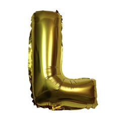 Letter L made of golden inflatable helium balloon isolated on transparent background. Gold foil balloon upper case letter