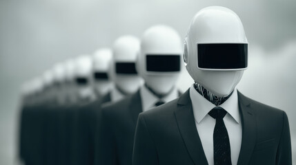 Robot business artificial intelligence technology automation cyber workforce Futuristic robot business workforce suits walking forward confidently