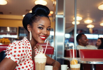 A black woman smiles at the camera while sitting at a diner table. 
