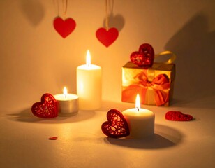 Romantic candlelight Valentine scene with hearts and gift, warm lighting