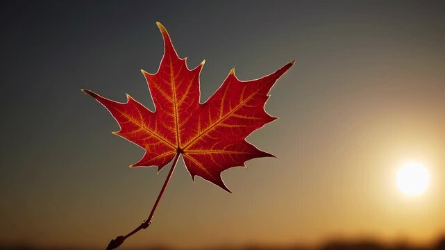 The vibrant red leaf stands prominently against the sun. This leaf captures the essence of autumn and the transition of nature during this season.