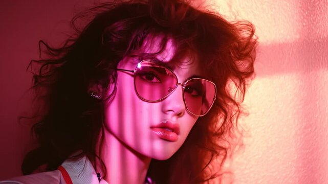 1980s woman with bright colorful fashion and bold makeup, embracing a vibrant 80s lifestyle with neon hues.