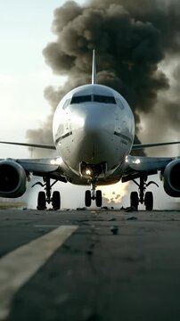 Plane explosion scene: burning tail, falling part, spreading flame, loud blast, thick smoke, broken cockpit, chaotic rescue, melted frame, glowing heat, eerie quiet, distant mountain, dark sky.