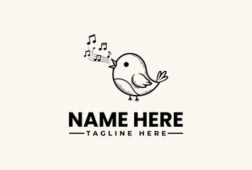 A minimalist logo featuring a singing bird with musical notes, accompanied by placeholder text for a name and tagline on a clean background, in a simple vector illustration style.