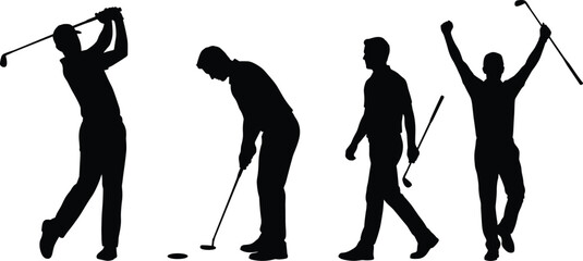 Obraz premium Golf player silhouette set showing swing putting walking celebrating victory poses sport recreation athlete vector illustration isolated background
