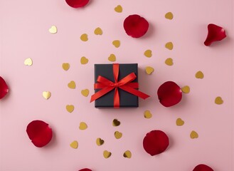 Gift box with red ribbon, rose petals, and gold hearts on a pink background.