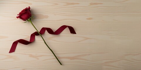 Red rose with curling ribbon on wood background.