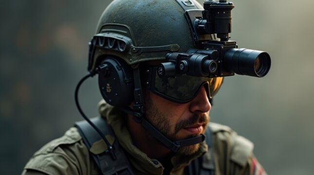 Military operator wearing tactical helmet night vision device mounted
