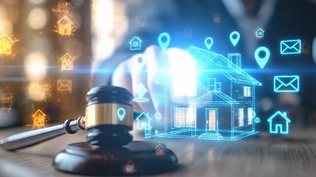 Legal governance of digital property. Hand selects glowing virtual dwelling outline, location message icons. Gavel ensures modern estate management, securing fair transactions.