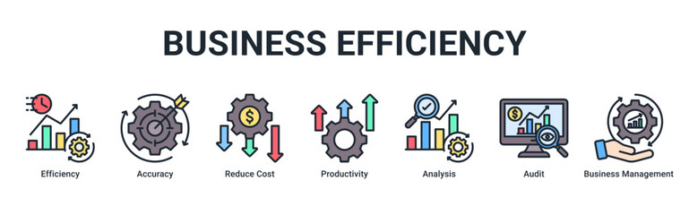 Business Efficiency banner illustrating productivity improvement, cost reduction, and performance analysis icons