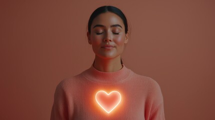 A serene woman in a pink sweater, eyes closed, with a glowing heart symbol over her chest, embodying peace and love against a warm background.