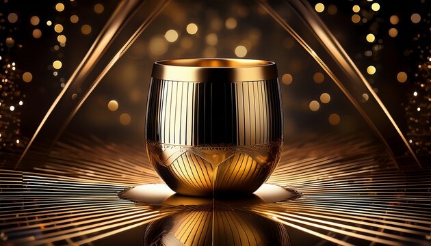 a shiny gold and black coup glass rests on an abstract background the image exudes sophistication and elegance