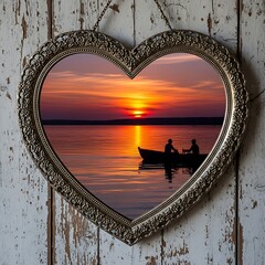 Romantic sunset scene reflected in heart shaped mirror