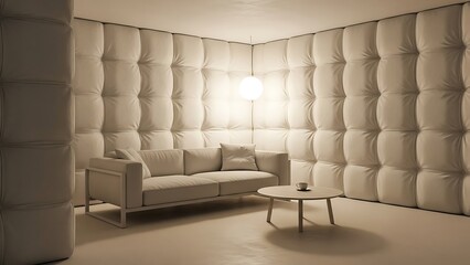 Monochromatic interior design featuring modern padded walls and simple furniture