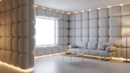 A luxurious modern living room interior featuring unique padded walls and minimalist design