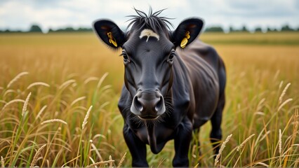 close black cow standing field tall golden grass cow looking directly camera curious expression its face its ears perked its eyes wide open giving alert inquisitive look background blurred appears