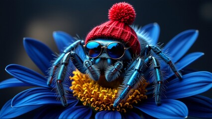 close blue flower spider spider wearing red knitted hat red pom pom top sunglasses hat has pair round sunglasses spider legs stretched out front sitting petals flower background black making blue