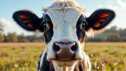 close cow face cow looking directly camera curious expression its eyes wide open its ears perked giving alert inquisitive look background field green grass trees distance sky blue overall mood