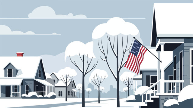 Snowy suburban street with American flag flying in front of a house on a winter day with bare trees and snow-covered roofs.