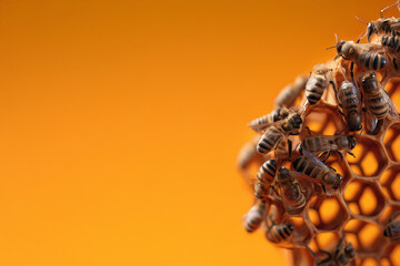 Bee Hive Busy Bees on Honeycomb Against Vibrant Orange