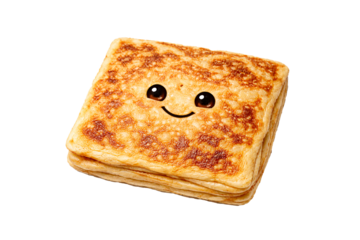 A stack of toast with a smiley face on a black background