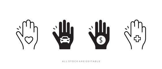 Obraz premium Charity donation hand icon. with heart, car, money and medical cross icon vector. holding hand symbol. vector illustration