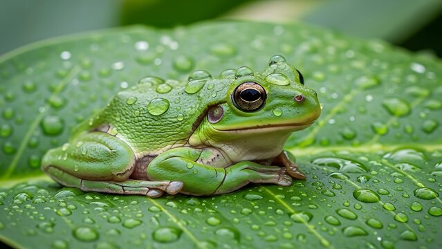 A green frog resting on a wet leaf with rain droplets in a lush environment, captured in a macro realism photography style