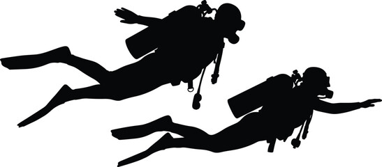 Scuba diver silhouette set underwater swimming with oxygen tank exploring ocean adventure diving sport vector illustration © Ezazul Haque