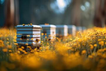 Bee, Hive Among Golden Flowers, Serene Landscape of Beehives in Blooming Field, Capturing Nature's