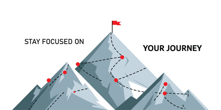 Journey Concept Vector, business strategy illustration featuring mountain path and summit flag for planning growth goals and success roadmap.