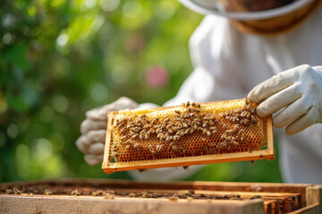 Beekeeper Examining Honeycomb in Sunlit Garden Hive A Glimpse into Sustainable Beekeeping