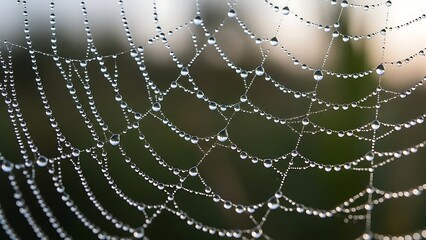 A spider web covered in dew drops glistens in the morning light on a forest floor