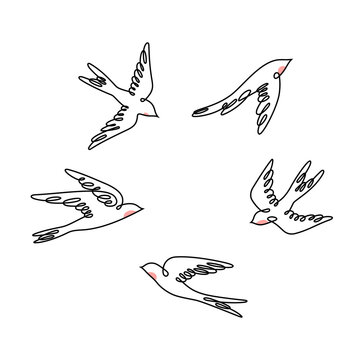 Hand drawn monoline swallows in flight isolated on a white background.